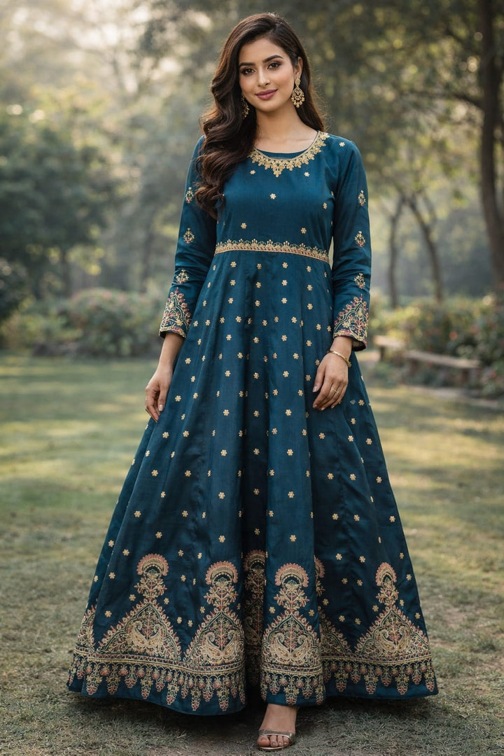 Navy Blue Embroidered Long Frock | Party & Festive Wear | Momina Nawab